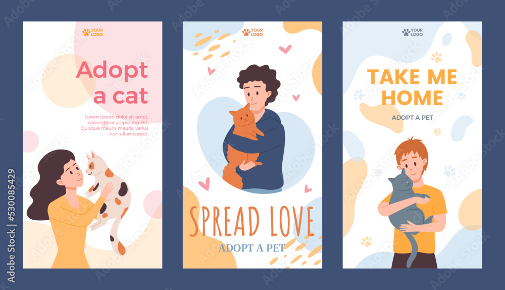 Set of flyers about adopting pet flat style, vector illustration