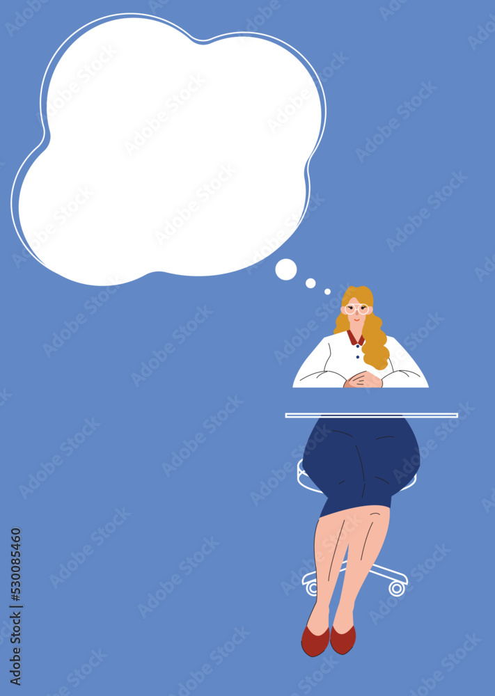 Illustration of a woman with blond hair in office clothes sits at a table and thinks