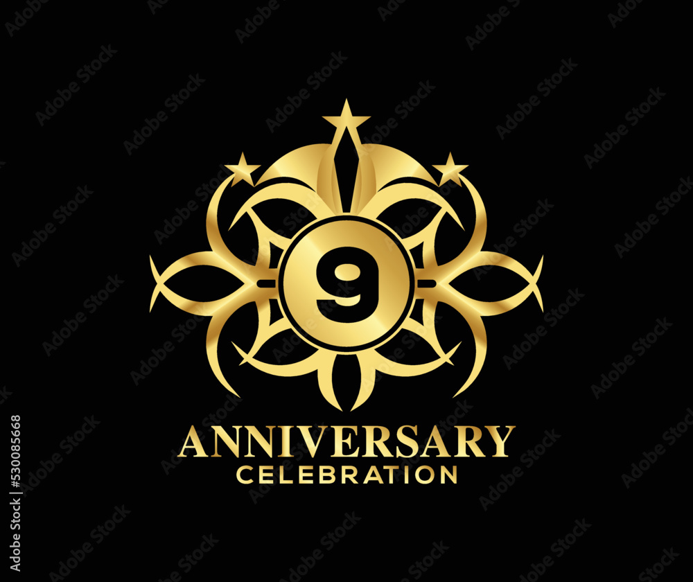 9 Years Anniversary. Invitation card. Celebrating of, colorful shape decoration Logo with Luxury Design