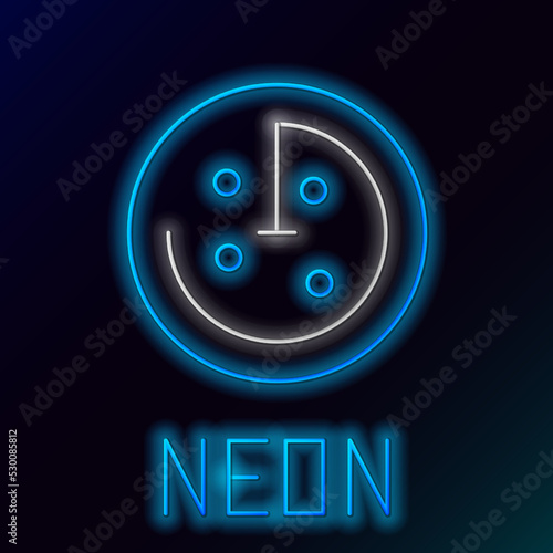 Glowing neon line Radar with targets on monitor in searching icon isolated on black background. Search system. Navy sonar. Colorful outline concept. Vector