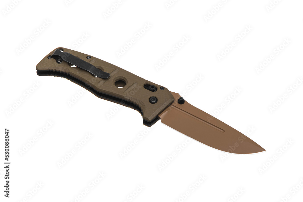 Khaki pocket folding knife. Compact metal sharp tactical knife with a folding blade. Isolate on a white back. Khaki pocket folding knife. Compact metal sharp tactical knife with a folding blade. Isolate on a white back.