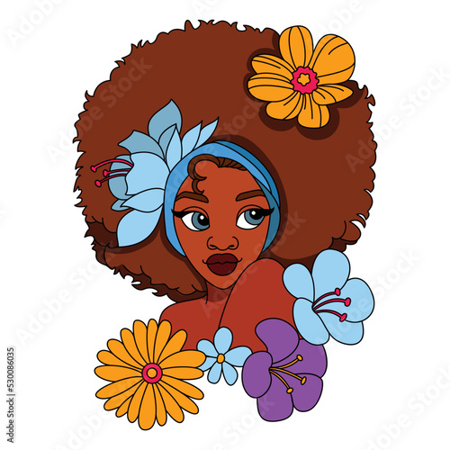 A beautiful black African girl with braids puffs hairstyle with some flowers coloring illustration