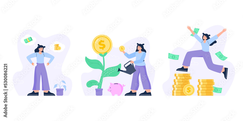 Personal finance management concepts. A woman without money, a woman who builds up investments, and a woman with earns profit. Vector flat illustrations for web page or banner. Personal finance management concepts. A woman without money, a woman who builds up investments, and a woman with earns profit. Vector flat illustrations for web page or banner.