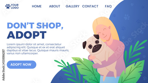 Website banner template with blonde girl hugging pug dog about adopting pets flat style