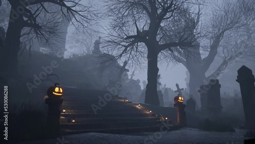 A wide shot of a zombie walks through a graveyard during a thunderstorm