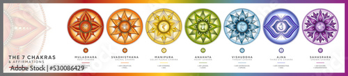 Fotografiet 7 Chakra symbols set with affirmations for meditation and energy healing