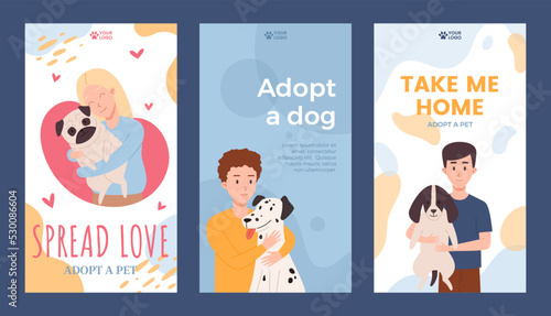 Set of flyers about adopting dog flat style, vector illustration