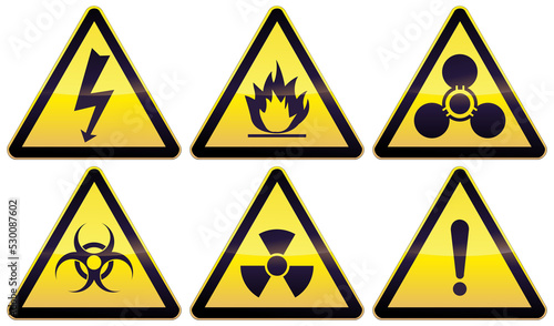 Collection of yellow and black triangular warning sign with nuclear, chemical, bacteriological, electrical and general radiation hazard symbols