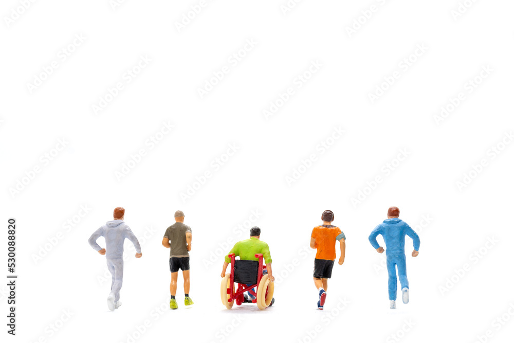 Fototapeta premium Miniature people Disabled happy friends having fun together on white background 