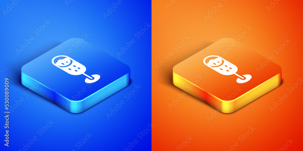 Isometric Glass of champagne icon isolated on blue and orange background. Merry Christmas and Happy New Year. Square button. Vector Isometric Glass of champagne icon isolated on blue and orange background. Merry Christmas and Happy New Year. Square button. Vector
