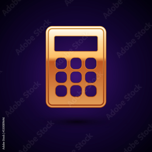 Gold Calculator icon isolated on black background. Accounting symbol. Business calculations mathematics education and finance. Vector