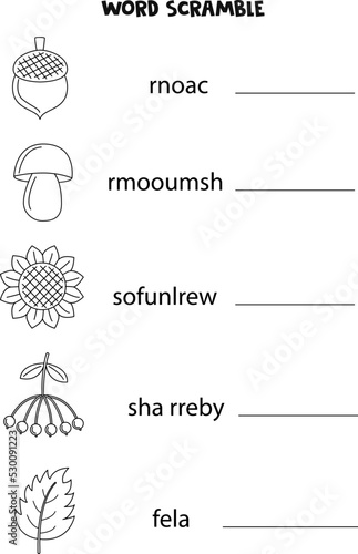 Puzzle for kids. Word scramble for children. Black and white puzzle.