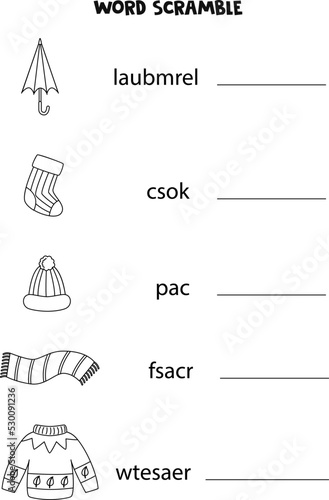 Puzzle for kids. Word scramble for children. Black and white puzzle.