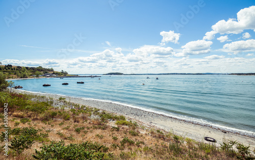 Boats and yachts in the water  anchored  and enjoying the beautiful sunny day at Spectacle Island  Boston  Massachusetts.