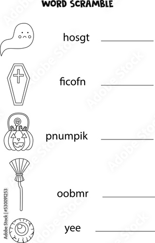 Puzzle for kids. Word scramble for children. Black and white puzzle.