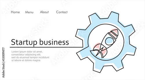 continuous line drawing of Rocket inside gear. Continuous line drawing. Startup business. Illustration with quote template. Can used for logo, emblem, slide show and banner.