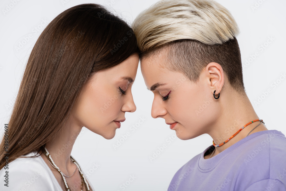 side view of brunette and blonde lesbian couple standing face to face with closed eyes isolated on grey. side view of brunette and blonde lesbian couple standing face to face with closed eyes isolated on grey.