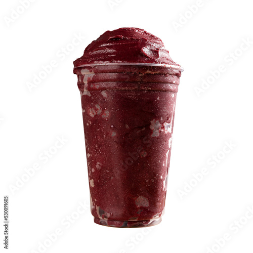 Brazilian Frozen Açai Berry Ice Cream Smoothie in plastic cup. On a wooden desk and a gray summer background. Front view for menu and social media