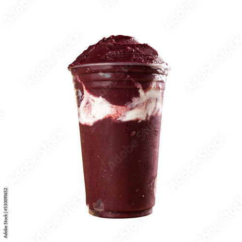 Brazilian Frozen Açai Berry Ice Cream Smoothie in plastic cup. On a wooden desk and a gray summer background. Front view for menu and social media