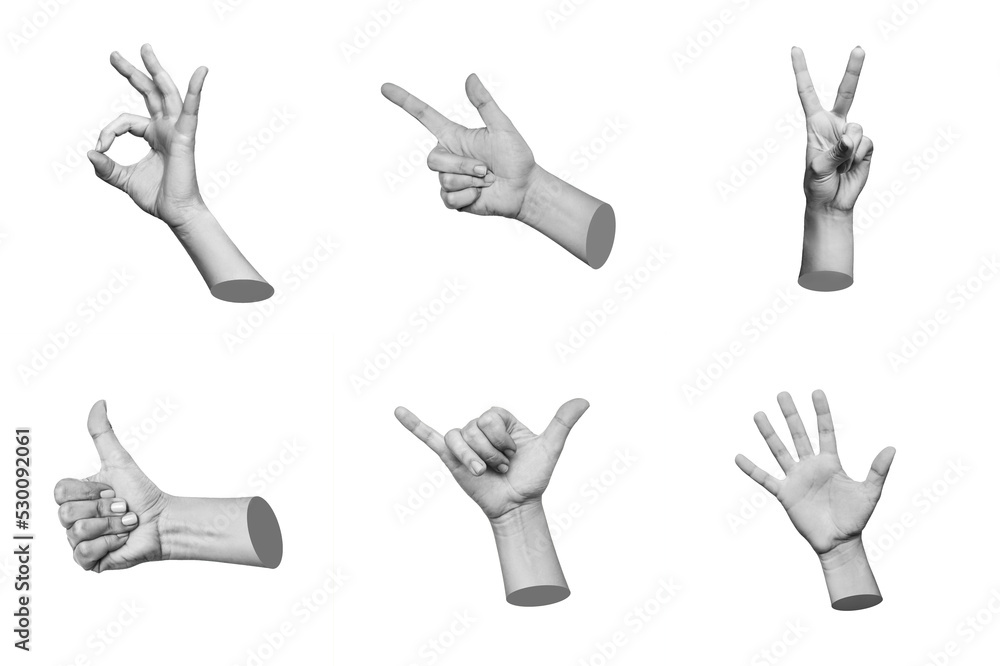 Obraz premium Trendy 3d collage of female hands showing gestures such as peace, thumb up, the ok, shaka, point to object, greeting isolated on white background. Contemporary art in magazine style. Modern design
