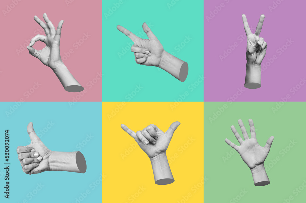 Trendy 3d collage of female hands showing gestures such as peace, thumb up, the ok, shaka, point to, greeting isolated on different color backgrounds. Contemporary art in magazine style. Modern design Trendy 3d collage of female hands showing gestures such as peace, thumb up, the ok, shaka, point to, greeting isolated on different color backgrounds. Contemporary art in magazine style. Modern design