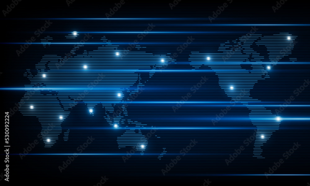 Naklejka premium Abstract Light out technology background Hitech communication concept innovation send for planet earth with sunrise and technology network effect of anaglyph and TV interference of vector.