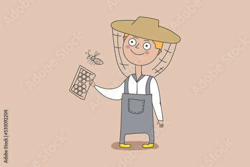 Flat apiarist cartoon illustration. Apiarist holding a frame with honey.