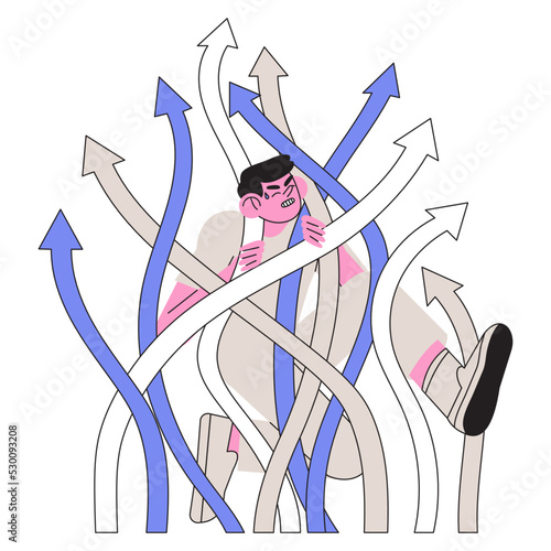Confused person try to make difficult and hard decision or choice. Male character search for or figure out right life, business or career path or direction. Puzzled man lost way among arrows.
