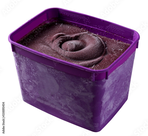 Brazilian frozen açai berry ice cream purple bowl box. isolated. Summer menu front view