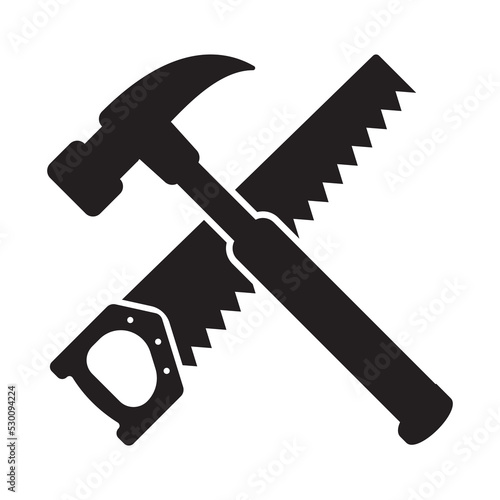 Hammer and saw  silhouette, woodworker tool icon, woodworking vector symbol.