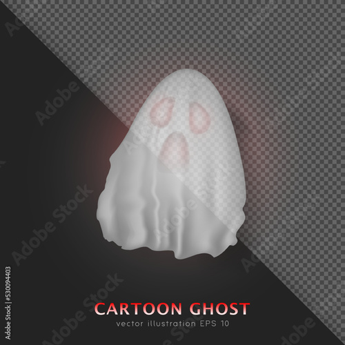 Cartoon flying terrifying white bedsheet ghost with red eyes on black and transparent background. 3D spooky screaming phantom with highlights and shadow. Vector Halloween character, mythical creature