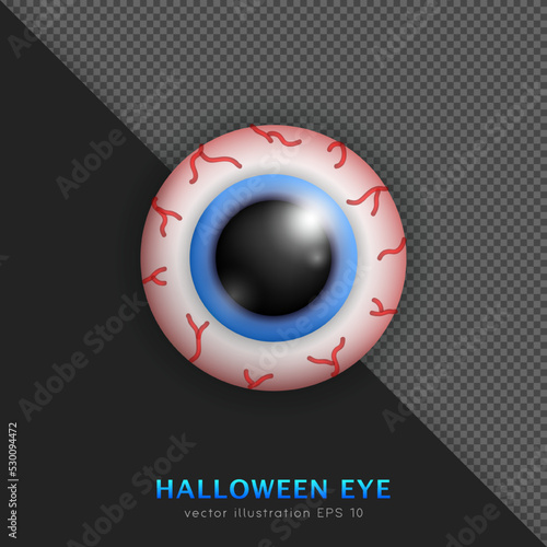 Cartoon 3D Halloween bloody eyeball with blue iris and red vessels. Realistic reddened eye with capillaries. Creepy, spooky vector human organ. Horror concept. Monster element for decoration