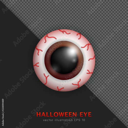 Cartoon 3D Halloween brown bloody eyeball with red vessels. . Realistic reddened eye with capillaries. Creepy, spooky vector human organ. Horror concept.