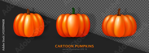 Set of three realistic 3d orange pumpkins isolated on transparent background. Cartoon Halloween or Thanksgiving squash. Shinny Autumn decoration. Three dimensional gourd with green and brown stem