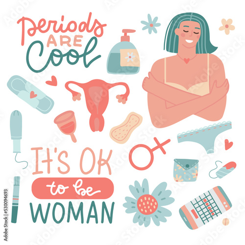 Menstruation self care items set. Elements kit of female period, menstrual blood, womb, uterus, pregnancy test, panties, sanitary pad, tampon, reusable cup, flowers. Colored flat vector illustrations