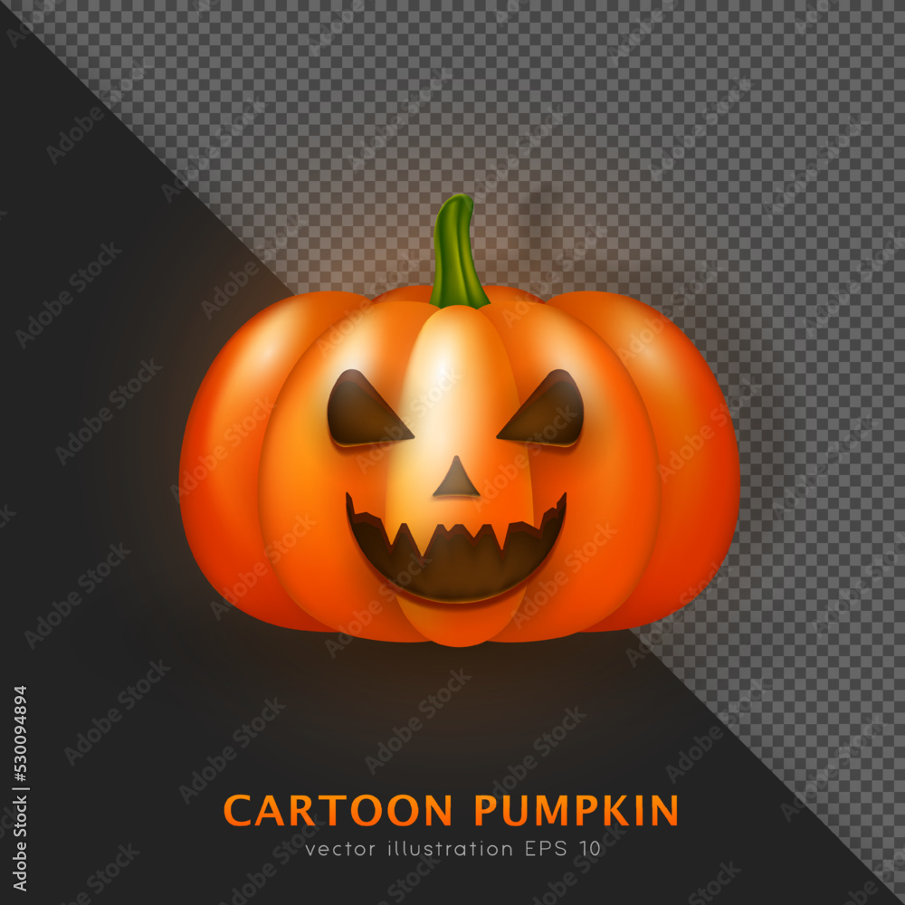 3D realistic orange pumpkin with tricky face. Cartoon creepy Halloween squash. Shinny Autumn decoration of carved turnip, three dimensional gourd with green stem. Vector spooky Jack-o'-lantern 3D realistic orange pumpkin with tricky face. Cartoon creepy Halloween squash. Shinny Autumn decoration of carved turnip, three dimensional gourd with green stem. Vector spooky Jack-o'-lantern