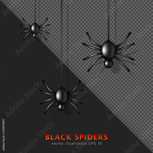Foto Three black glossy venomous spiders hanging on web