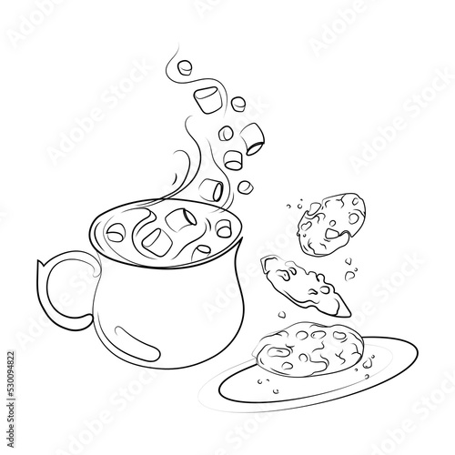 Hot chocolate or Cocoa drink with marshmallows and Chocolate chip cookies Line art drawing, Isolated vector illustration. Flying chocolate chip cookies and mug of cocoa drink black and white sketch. 