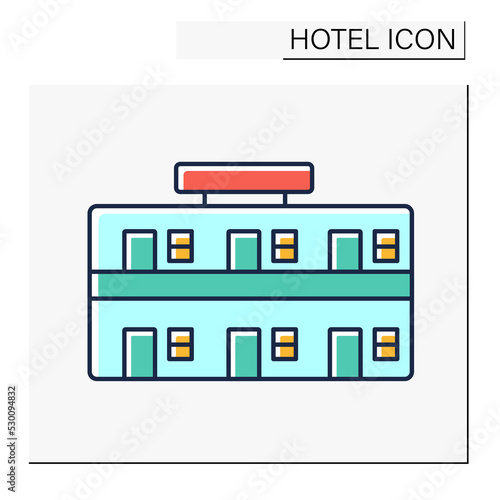 Motel color icon. Timely residential building for travelers. Roadside hotel with parking and rooms for living. Hotel concept. Isolated vector illustration