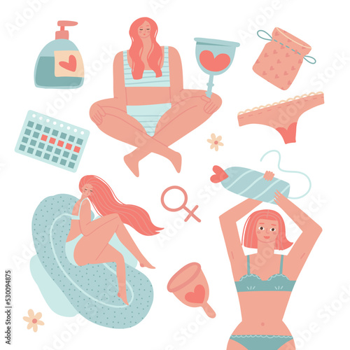 Female periods set with Three girls holding big menstrual cup, tampon, sanitary pad. Comfort, protection and hygiene during periods. Body positive and women power collection. Vector falt illustration