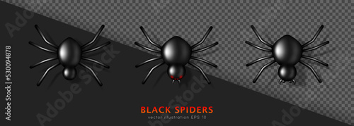 Stampa su tela Set of three different 3D black glossy venomous spiders with shadow