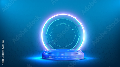 Circle portals, teleport, hologram gadget. Blank display, stage or magic portal, podium for show product in futuristic cyberpunk or hud style. Blue digital neon podium. Vector