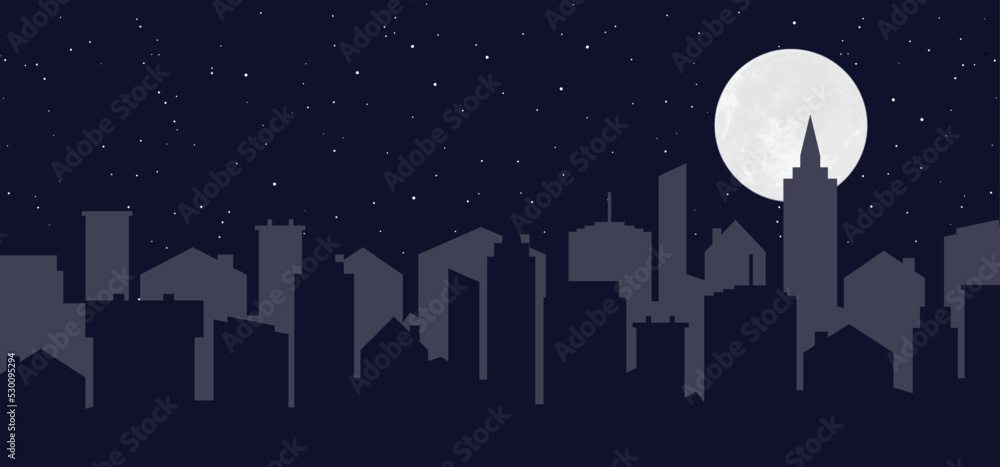 Cartoon town or city sky and the moon. Night starry skyline. Big moon in ful moonlight ans stars. Vector cityscape. cartoon urban skyline. City panorama, landscape,