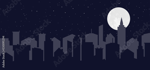 Cartoon town or city sky and the moon. Night starry skyline. Big moon in ful moonlight ans stars. Vector cityscape. cartoon urban skyline. City panorama, landscape,