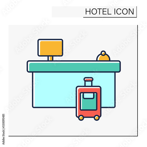 Lobby color icon. Hall or corridor used as passageway or waiting room. Registration desk for tourists. Hotel concept. Isolated vector illustration