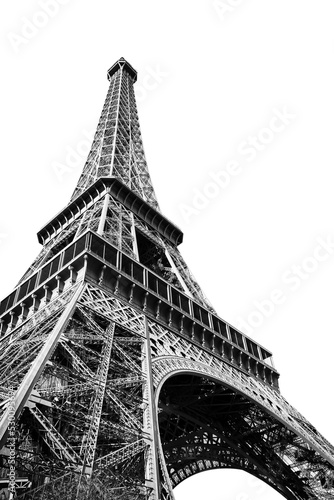 Black and white Eiffel tower photo isolated on transparent background, Paris France iconic landmark, png file © Delphotostock