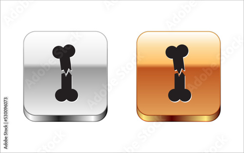 Black Human broken bone icon isolated on white background. Silver and gold square buttons. Vector
