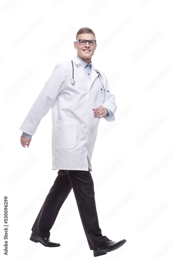 confident doctor with a stethoscope striding forward. confident doctor with a stethoscope striding forward.
