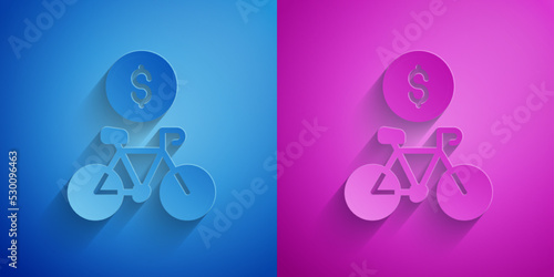 Paper cut Bicycle rental mobile app icon isolated on blue and purple background. Smart service for rent bicycles in the city. Mobile app for sharing system. Paper art style. Vector