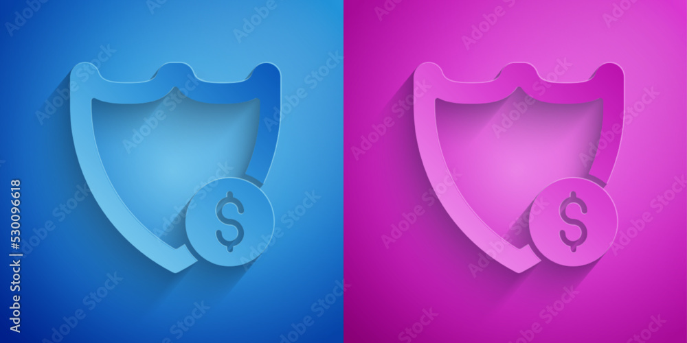 Paper cut Shield with dollar symbol icon isolated on blue and purple background. Security shield protection. Money security concept. Paper art style. Vector Paper cut Shield with dollar symbol icon isolated on blue and purple background. Security shield protection. Money security concept. Paper art style. Vector